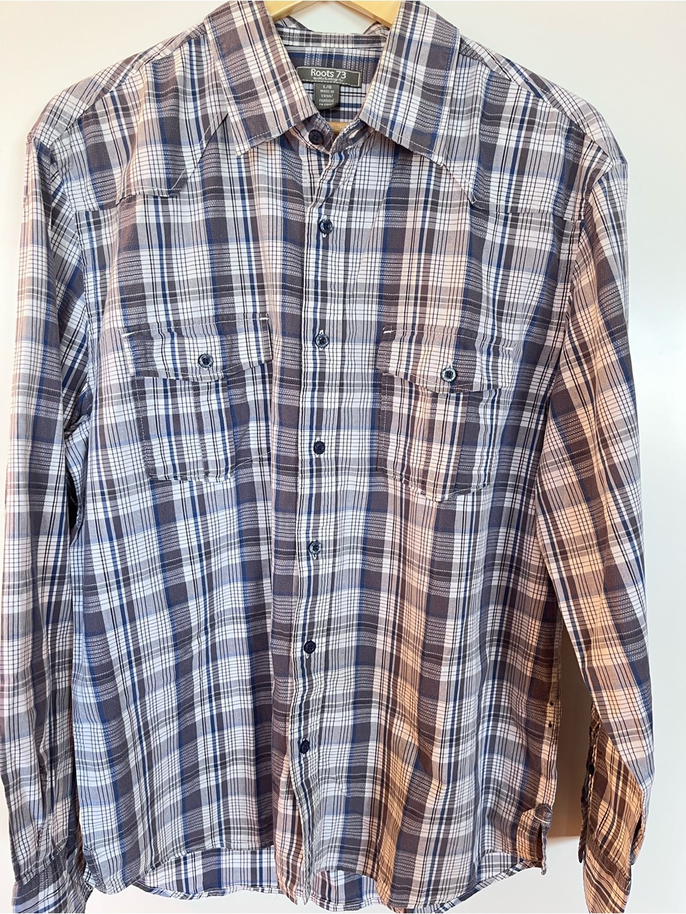 Men’s Roots 73 Plaid Button‑Up Shirt L/G • 100% Cotton • Classic Outdoor Style